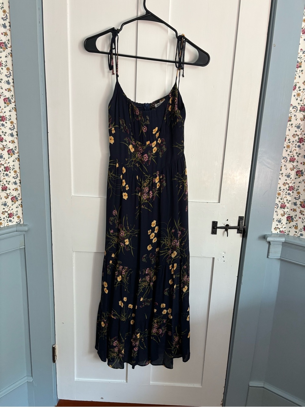 Reformation Navy Floral Midi Dress with Tie Straps